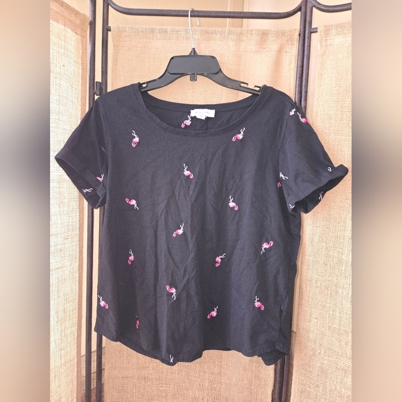 Vintage America Tops - Women's Vintage America Blk Top with Pink Flamingo Embroidery Fold Sleeve Size L